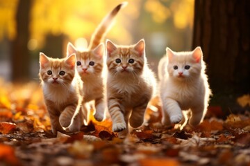 For cute kittens run through foliage of a forest in autumn Generative Ai