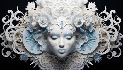 A paper sculpture of a woman's face. AI image. Symmetrical composition.