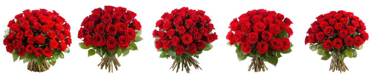 Large flower arrangement or bouquet with many red roses isolated on transparent background generative ai