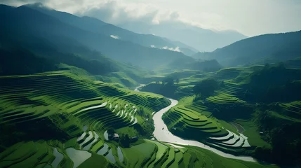 Foto op Canvas Aerial capture of terraced rice paddies in Southeast Asia, glimmering in emerald tones. a beautiful and marvelous surreal landscape of nature. generative AI © yj