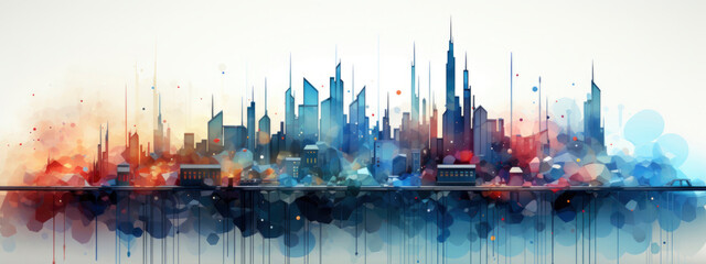 front view of modern city with various houses in blue and orange colors on white background. Cityscape, urban, smart concept. illustration style. 