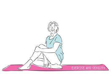 Hand drawn line art vector of an elderly woman living a healthy lifestyle and working out.