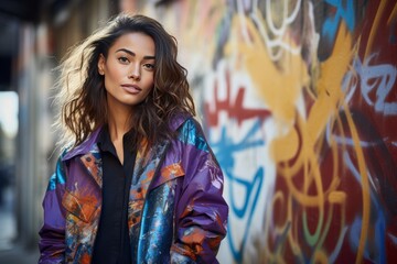 Naklejka premium A cool girl in a 90's transitional jacket in front of a graffiti wall Generative Ai