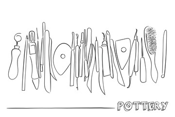 Hand drawn line art vector of Pottery class tutorial. Pottery tools line art