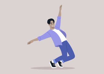 A young Gen Z individual, dressed casually, performing contemporary dance with an overwhelming sense of joy and fulfillment