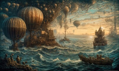 ship sea ocean old pirate landscape city mystic poster alien steampunk wallpaper fantastic - obrazy, fototapety, plakaty