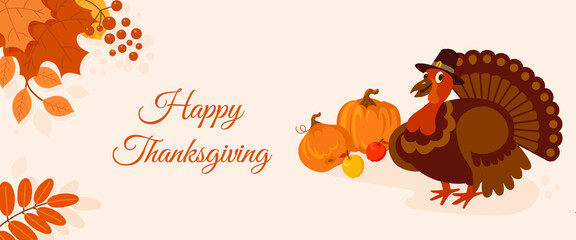 Thanksgiving banner background design template.Turkey and pumpkins. Vector illustration