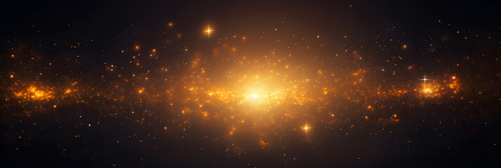 Galaxy background with sunlight and bright orange stars traces, panoramic view - obrazy, fototapety, plakaty