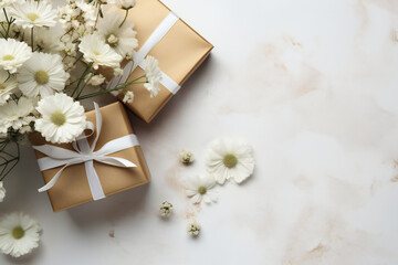 Gifts with flowers on light background, ai generated