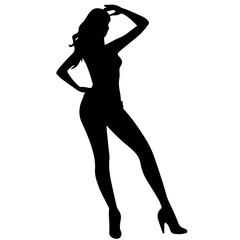 Fototapeta na wymiar Vector silhouette of a slim young woman standing, black color, isolated on white background
