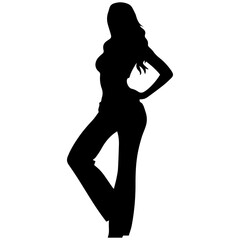 Vector silhouette of a slim young woman standing, black color, isolated on white background