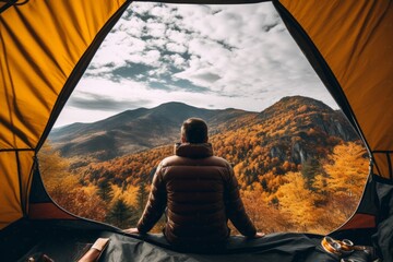 A man enjoys the view of the autumn mountains while looking outside of his tent Generative Ai