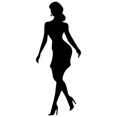 Vector silhouette of a slim young woman standing, black color, isolated on white background