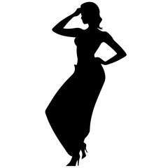 Vector silhouette of a slim young woman standing, black color, isolated on white background