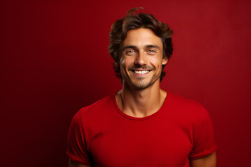 Smiling man on red background with a red shirt, ai generated - obrazy, fototapety, plakaty