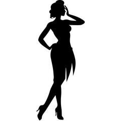 Vector silhouette of a slim young woman standing, black color, isolated on white background