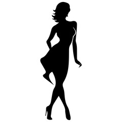 Vector silhouette of a slim young woman standing, black color, isolated on white background