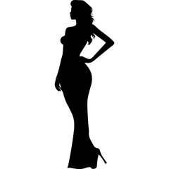 Vector silhouette of a slim young woman standing, black color, isolated on white background