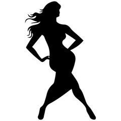 Vector silhouette of a slim young woman standing, black color, isolated on white background