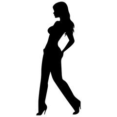 Vector silhouette of a slim young woman standing, black color, isolated on white background