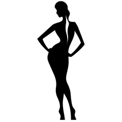 Vector silhouette of a slim young woman standing, black color, isolated on white background