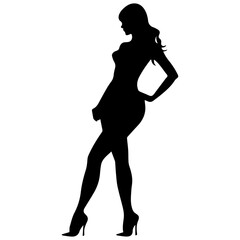 Vector silhouette of a slim young woman standing, black color, isolated on white background