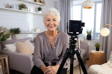 Fototapeta na wymiar Cheerful senior elder influencer woman working on shooting for blog, recording selfie video at home, speaking at cellphone camera fixed on tripod, smiling, broadcasting online