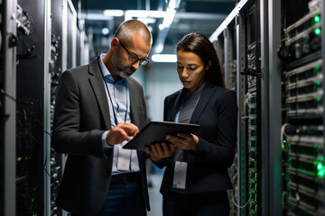 Diverse male and female engineers with digital tablet inspecting the server in computer server room