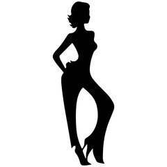 Vector silhouette of a slim young woman standing, black color, isolated on white background