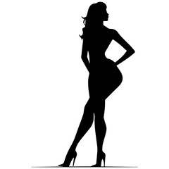 Vector silhouette of a slim young woman standing, black color, isolated on white background