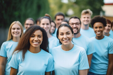 Group of smiling diverse female and male volunteers in matching t-shirts looking at camera