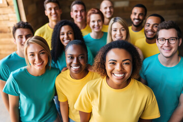 Group of smiling diverse female and male volunteers in matching t-shirts looking at camera
