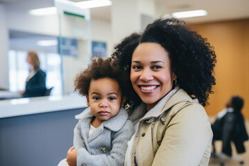 Happy African American mother and daughter sitting in waiting room at hospital - obrazy, fototapety, plakaty