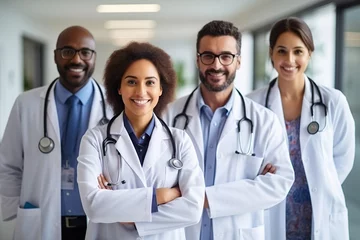 Fotobehang Portrait of group of diverse male and female doctors standing in hospital corridor smiling to camera © wolfhound911