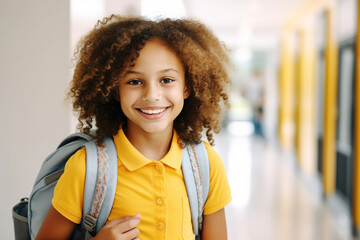 Portrait of happy biracial schoolgirl with school bag smiling in corridor at elementary school