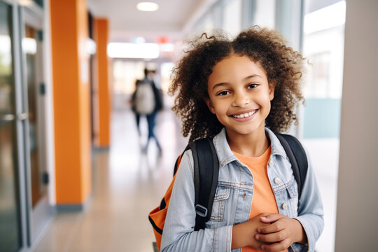 Portrait of happy biracial schoolgirl with school bag smiling in corridor at elementary school