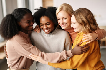 Supportive diverse female friends hugging each other at group therapy session - obrazy, fototapety, plakaty