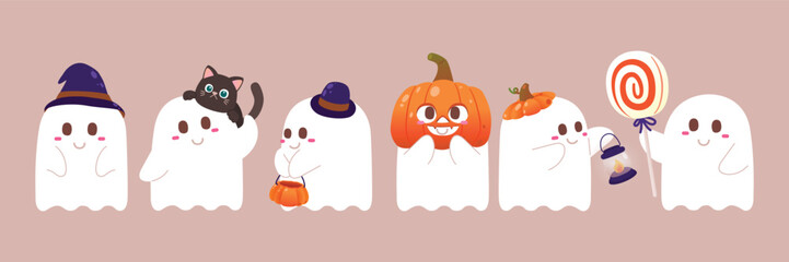 Cute Ghost Character Celebrates Halloween with Pumpkin, Cat And Candy, Vector, Illustration