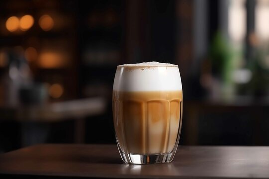 A glass glass of latte macchiato coffee on a table in a cafe