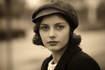 Retro vintage front shot , beautiful young woman, wool cap, brown eyes, European street in background	
