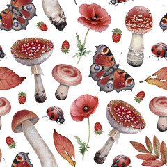 Hand painted botanical pattern design with illustrations of forest nature. Cottegecore style. Perfect for prints, fabrics, wallpapers, apparel, home textile, packaging design, posters, stationery - 656017393