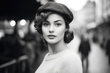 Retro vintage front shot , beautiful young woman, wool cap, brown eyes, European street in background	
 - obrazy, fototapety, plakaty