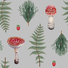 Hand painted pattern design with acrylic illustrations of fly agaric and forest botanica. Perfect for prints, fabrics, wallpapers, apparel, home textile, packaging design, stationery