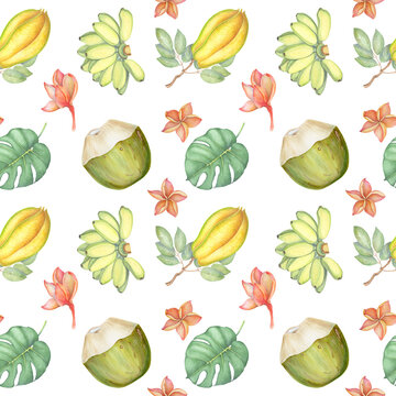 Exotic watercolor fruit mix seamless pattern. Tropical coconut, banana, star fruit background and plumeria flowers. Hand painted summer illustration