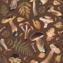 Watercolor illustrations of autumn forest nature: mushrooms, leaves and cones. Cottegecore pattern design. Perfect for fabrics, wallpapers, home textile, packaging design, stationery and other print
