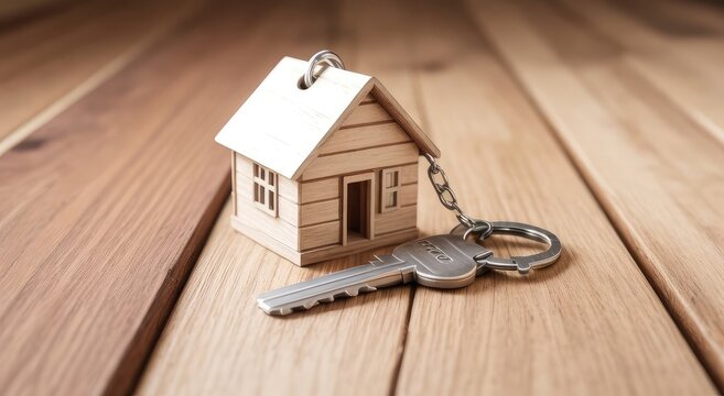 House key resting on wooden floorboards on a keychain shaped like a house. Concept of real estate, mortgage, property, buying, moving, renting home. 