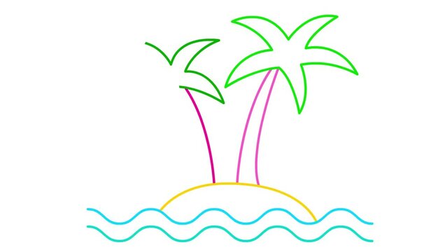 Animated linear icon of two trees of palm on island with waves. colorful symbol is drawn gradually. Concept of tourism, travel, vacation. Vector illustration isolated on white background.