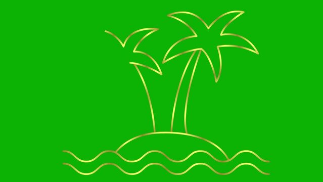 Animated linear icon of two trees of palm on island with waves. golden symbol is drawn gradually. Concept of tourism, travel, vacation. Vector illustration isolated on green background.