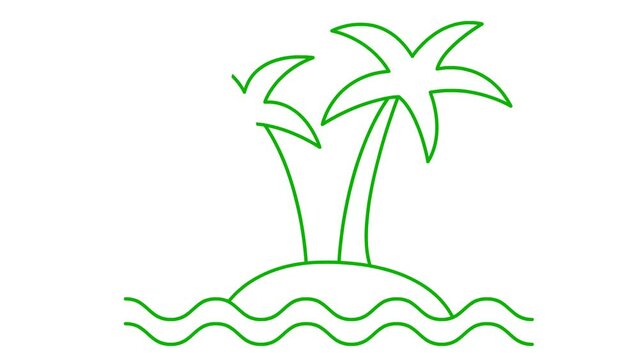 Animated linear icon of two trees of palm on island with waves. green symbol is drawn gradually. Concept of tourism, travel, vacation. Vector illustration isolated on white background.
