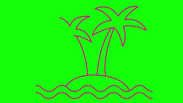 Animated linear icon of two magenta trees of palm on island with waves. pink symbol is drawn gradually. Concept of tourism, travel, vacation. Vector illustration isolated on green background.